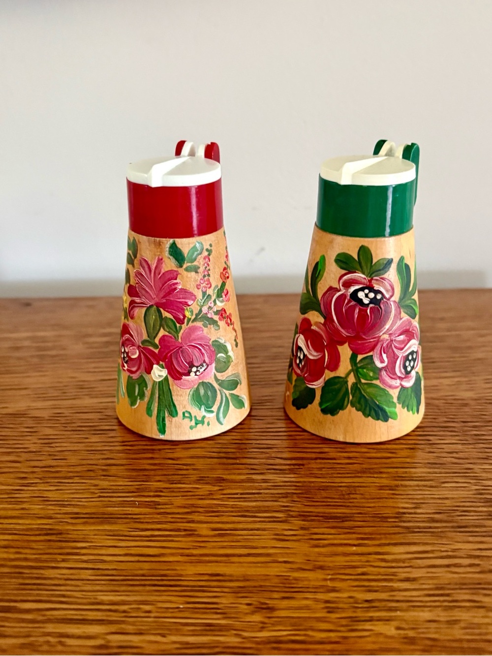 Hand-Painted Floral Wooden Salt and Pepper Shakers - Red & Green - Signed
